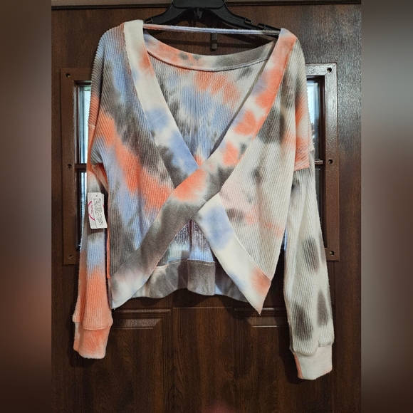 flirtitude Tops - Flirtitude Tie-Dye Crossover Sweatshirt - Blue, Orange, Gray